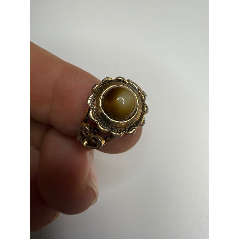 Vintage Tiger's Eye Scalloped Flower Cocktail Ring Gold Tone Heart Size 6.75